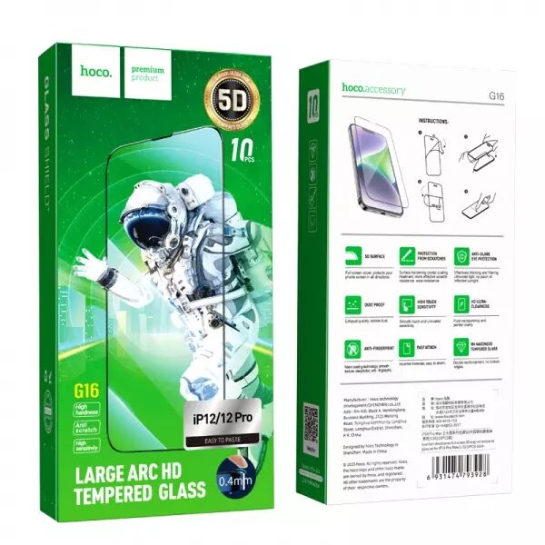 Lot de 10 films verre trempé 5D avec cadre noir HOCO G16 Guardian Shield iPhone 12/iPhone 12 Pro