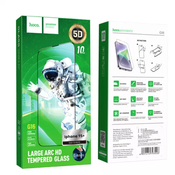 Lot de 10 films verre trempé 5D avec cadre noir HOCO G16 Guardian Shield iPhone 15 Plus