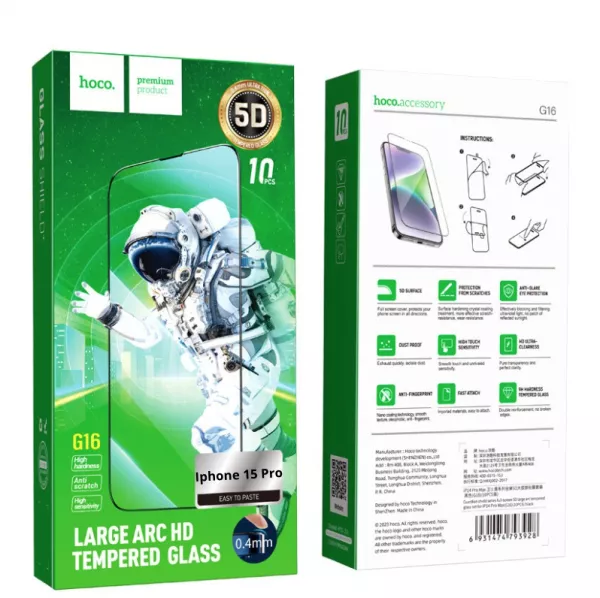 Lot de 10 films verre trempé 5D avec cadre noir HOCO G16 Guardian Shield iPhone 15 Pro
