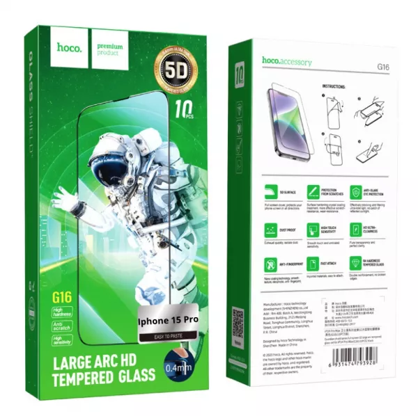 Lot de 10 films verre trempé 5D avec cadre noir HOCO G16 Guardian Shield iPhone 15 Pro Max