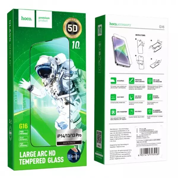 Lot de 10 films verre trempÃ© 5D avec cadre noir HOCO G16 Guardian Shield iPhone 16E/iPhone 14/iPhone 13/iPhone 13Pro