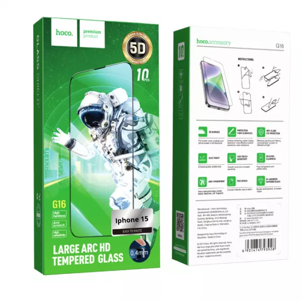 Lot de 10 films verre trempÃ© 5D avec cadre noir HOCO G16 Guardian Shield iPhone 15