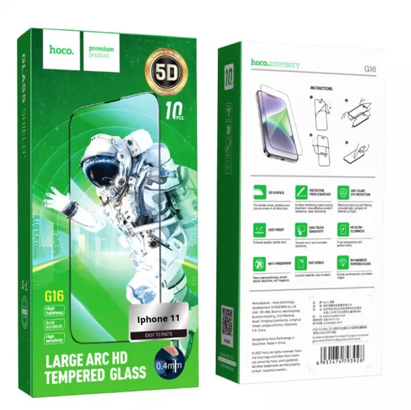 Lot de 10 films verre trempÃ© 5D avec cadre noir HOCO G16 Guardian Shield iPhone XR/iPhone 11